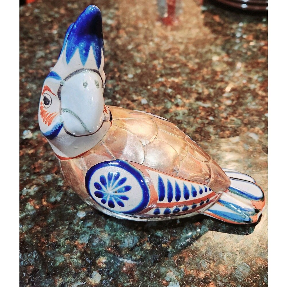 Tonala Mexico Porcelain Brass Cockatoo Bird Folk Art Figurine Bustamante